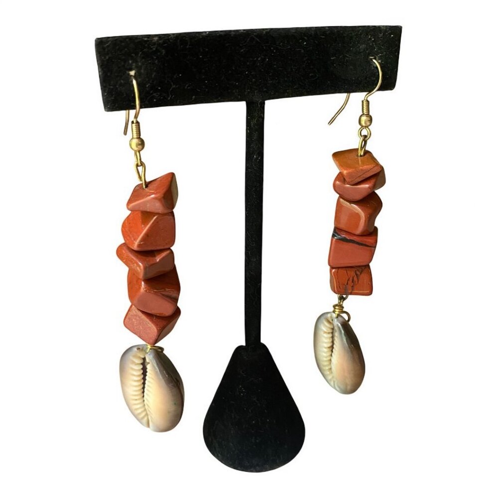 Red Jasper Cowrie Shell Bold Statement Earrings B… - image 2